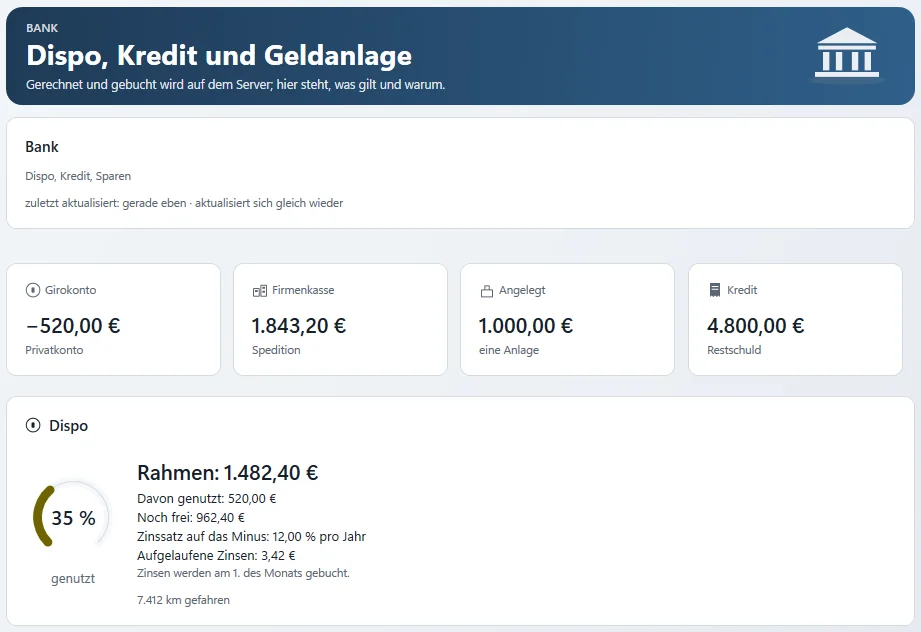Bankseite mit Girokonto, Firmenkasse, Geldanlage, Kredit und dem Dispo als Anzeige