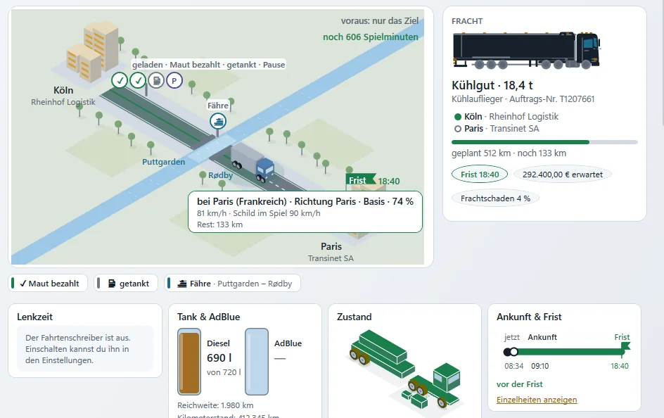 Die Fahrt-Ansicht der App: Strecke von Köln nach Paris mit Maut, Tankstopp, Fähre und Pause, daneben die Frachtkarte, darunter Lenkzeit, Tank und AdBlue, Zustand sowie Ankunft und Frist
