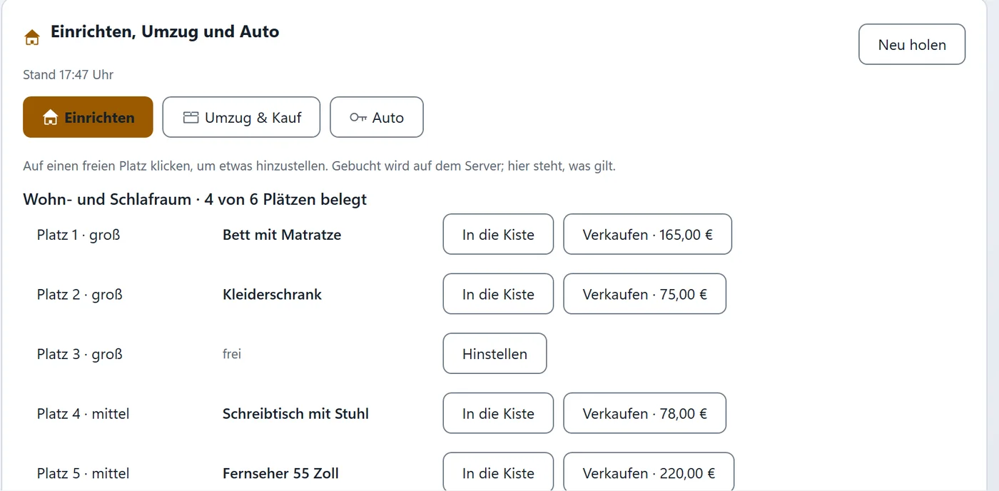 Einrichten: Wohn- und Schlafraum mit Bett, Kleiderschrank, Schreibtisch und Fernseher