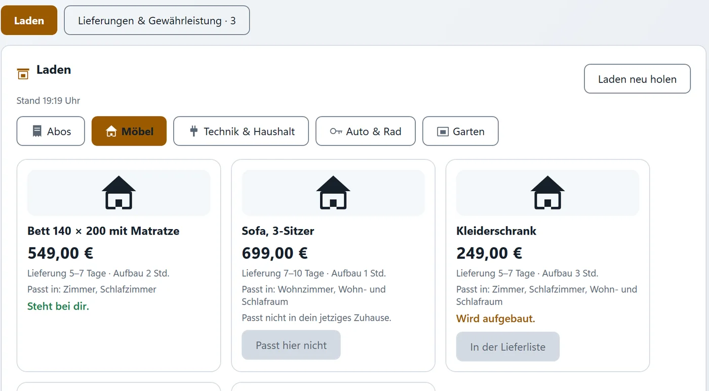 Laden mit Regalen für Abos, Möbel, Technik und Haushalt, Auto und Rad und Garten