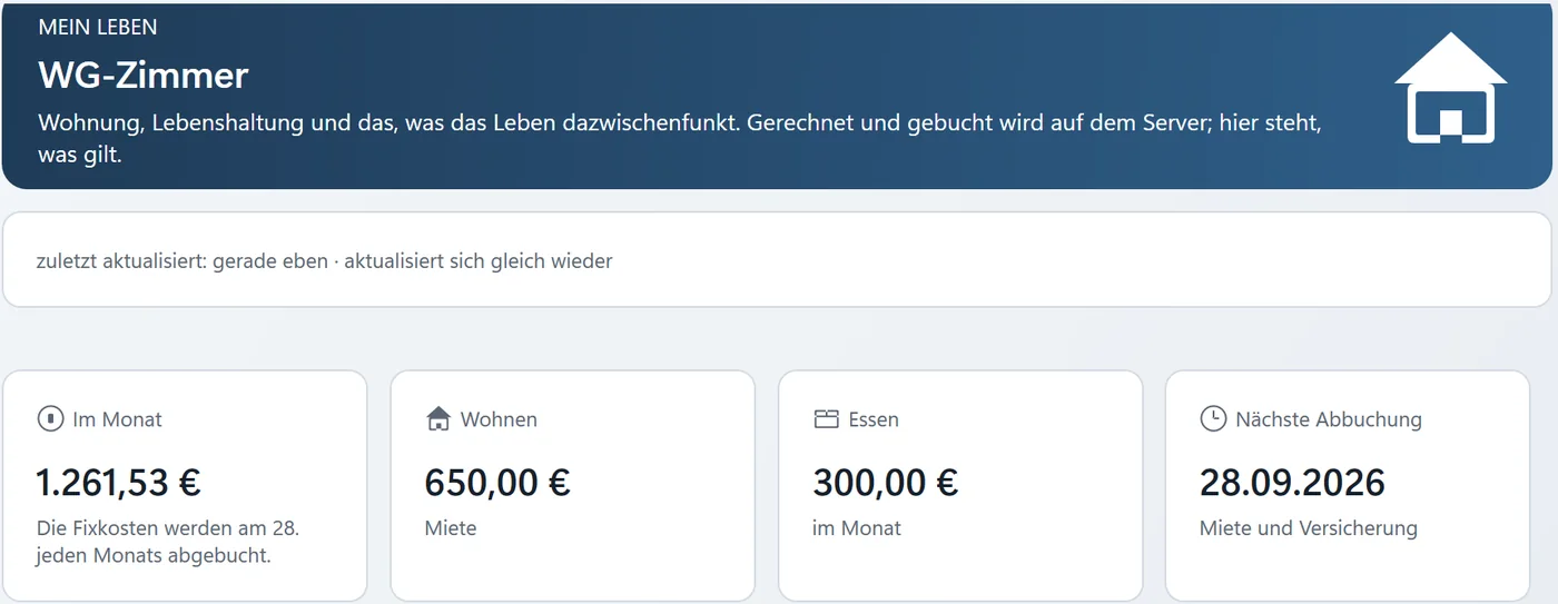 Kopf der Seite Mein Leben: WG-Zimmer, dazu Monatskosten, Miete, Essen und nächste Abbuchung