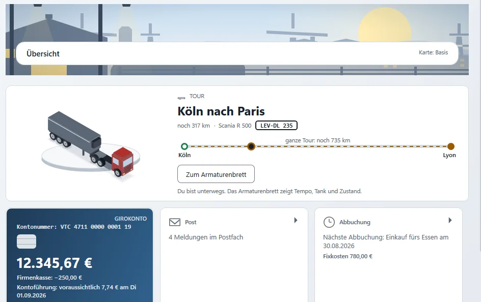 Übersicht der App mit der laufenden Tour Köln nach Paris, dem Girokonto, dem Postfach und der nächsten Abbuchung