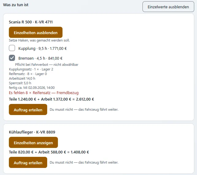 Die Werkstatt-Seite der App: was zu tun ist, was es kostet, wann es fertig ist