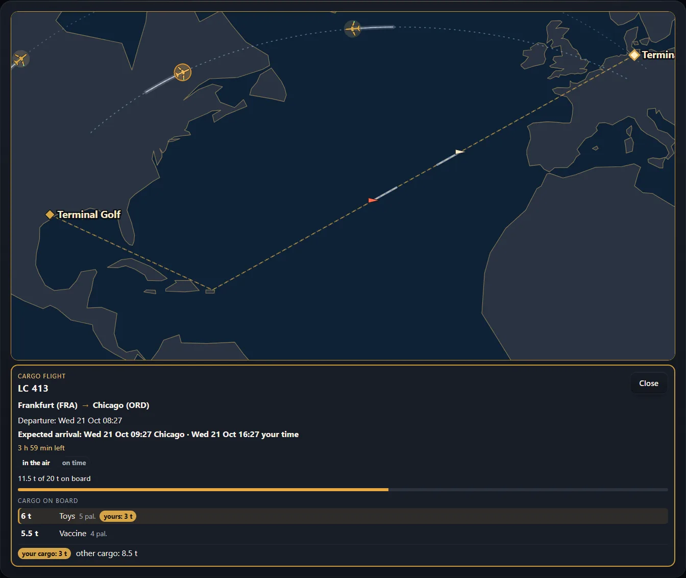 A clicked cargo plane with flight number, arrival in both clocks and cargo