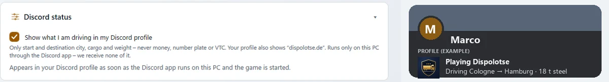 Left the card “Discord status” with the switch on, right a drawn profile card “Playing Dispolotse · Driving Cologne → Hamburg · 18 t steel”