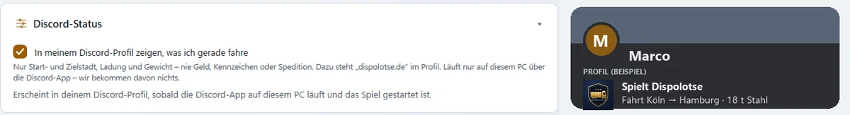 Links die Karte „Discord-Status“ mit eingeschaltetem Schalter, rechts eine gezeichnete Profilkarte „Spielt Dispolotse · Fährt Köln → Hamburg · 18 t Stahl“