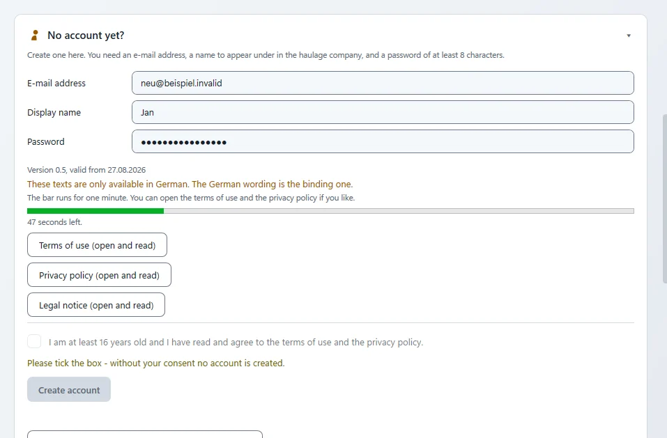 Card “No account yet?” with a sample address, display name and password, the legal consent box not ticked yet