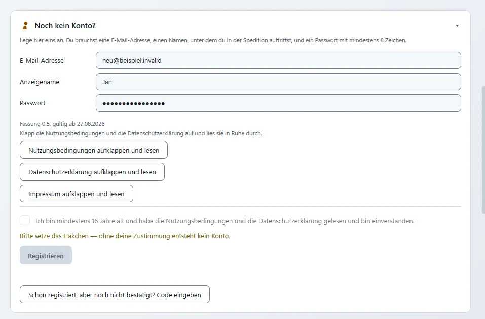 Karte „Noch kein Konto?“ mit Beispiel-Adresse, Anzeigename und Passwort, der Haken bei den Rechtstexten noch nicht gesetzt
