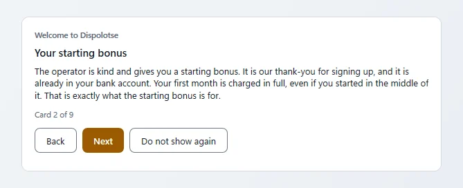 Welcome card 2 “Your starting bonus” with the buttons Back, Next and Do not show again