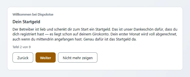Willkommens-Tafel 2 „Dein Startgeld“ mit den Knöpfen Zurück, Weiter und Nicht mehr zeigen