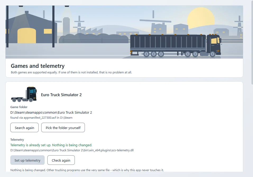 Page “Setup”: games and telemetry, the Euro Truck Simulator 2 folder found, telemetry already set up