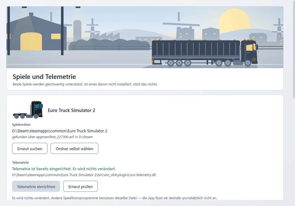 Seite „Einrichtung“: Spiele und Telemetrie, Spielordner von Euro Truck Simulator 2 gefunden, Telemetrie bereits eingerichtet