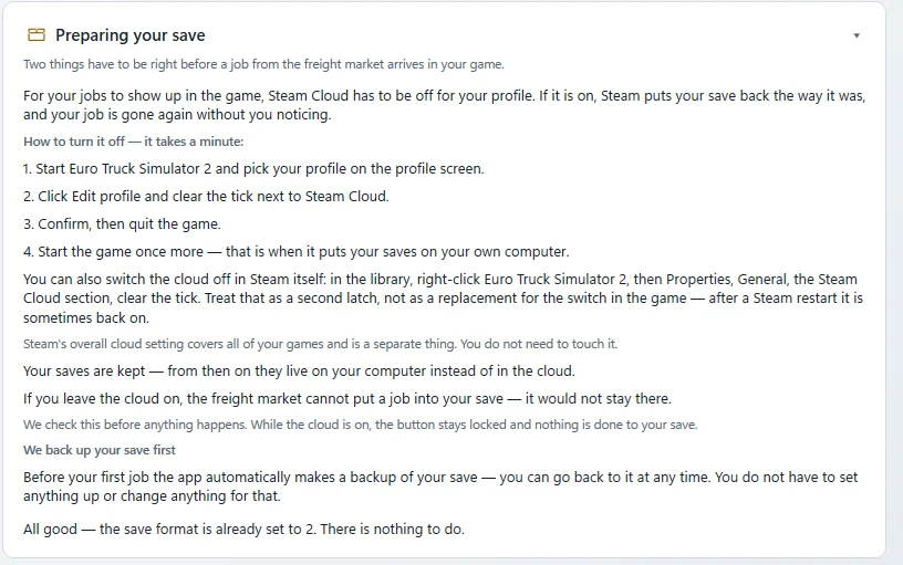 Settings › Save game: card “Preparing your save” with the Steam Cloud steps and the line that the save format is already set to 2