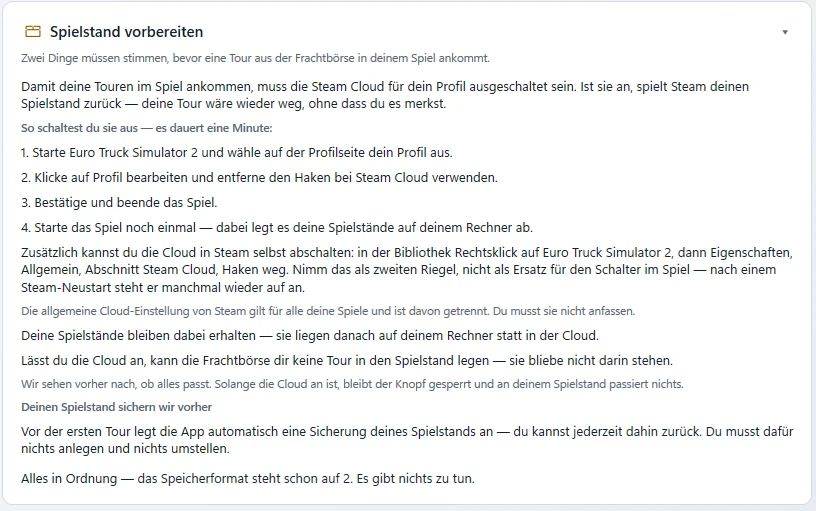 Einstellungen › Spielstand: Karte „Spielstand vorbereiten“ mit der Anleitung zur Steam Cloud und dem Satz, dass das Speicherformat schon auf 2 steht