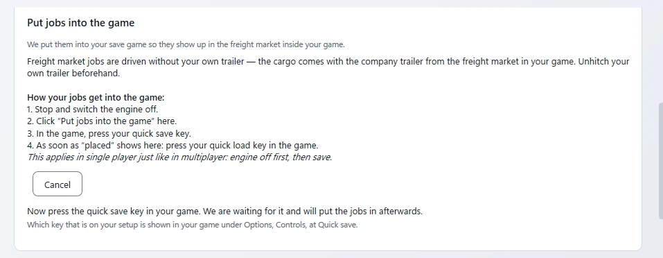 Card “Put jobs into the game” waiting: the four steps, “Cancel” and the prompt to quick save in the game