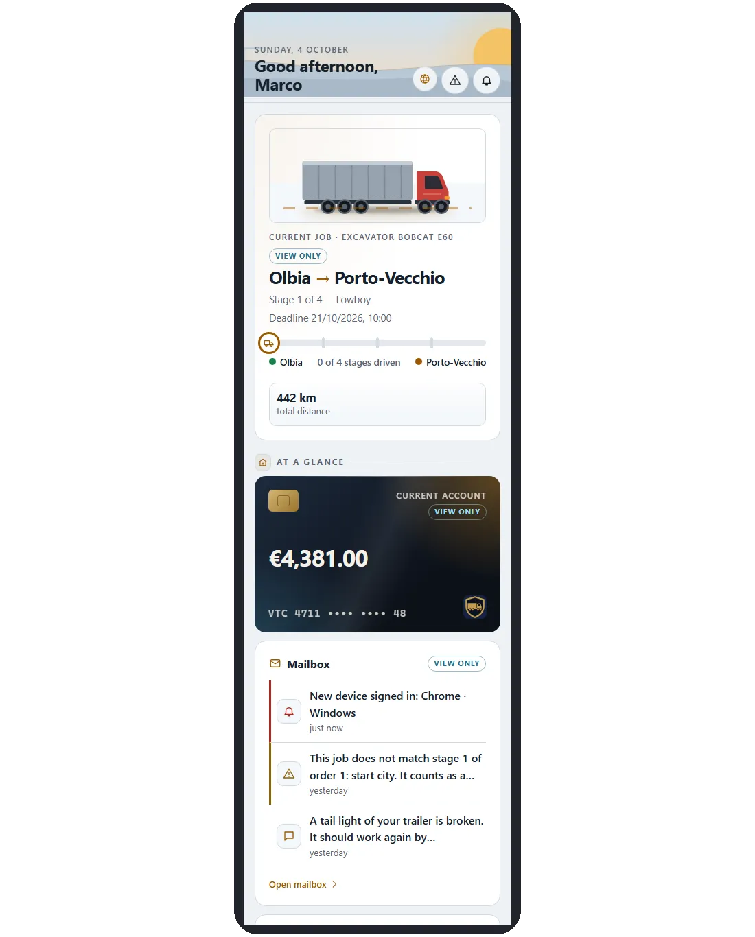 Driver area on a phone: greeting, current job, current account and mailbox