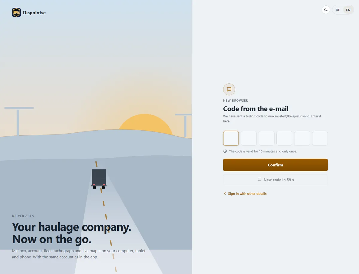 Sign-in page, step “Code from the e-mail” with six digit boxes and a sample address