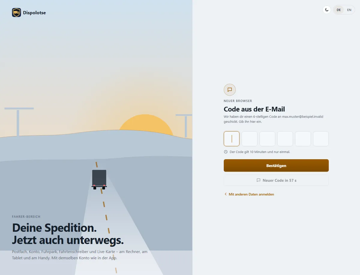 Anmeldeseite, Schritt „Code aus der E-Mail“ mit sechs Ziffernfeldern und einer Beispiel-Adresse