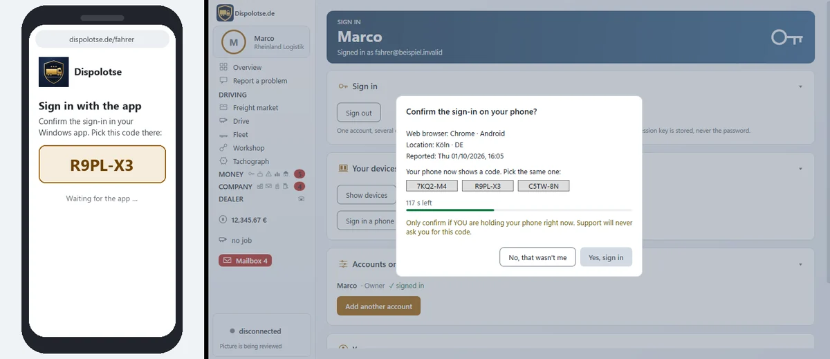 Left the phone with the code, right the Windows app with the question “Confirm the sign-in on your phone?”