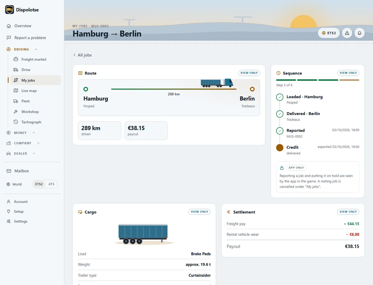 My jobs in the browser: job Hamburg → Berlin with route, sequence, cargo and settlement