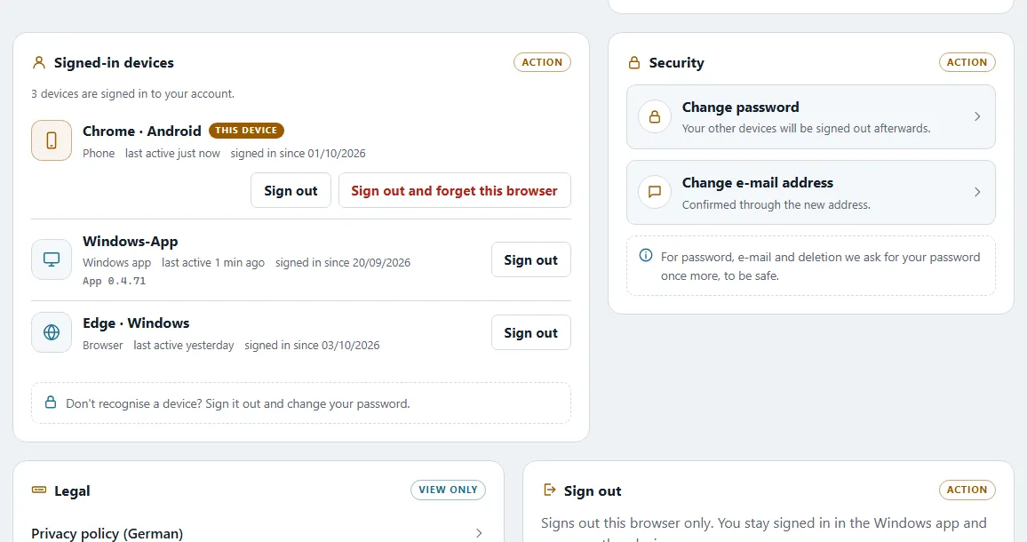 Account & devices: signed-in devices phone (this device), Windows app and browser, each with “last active”