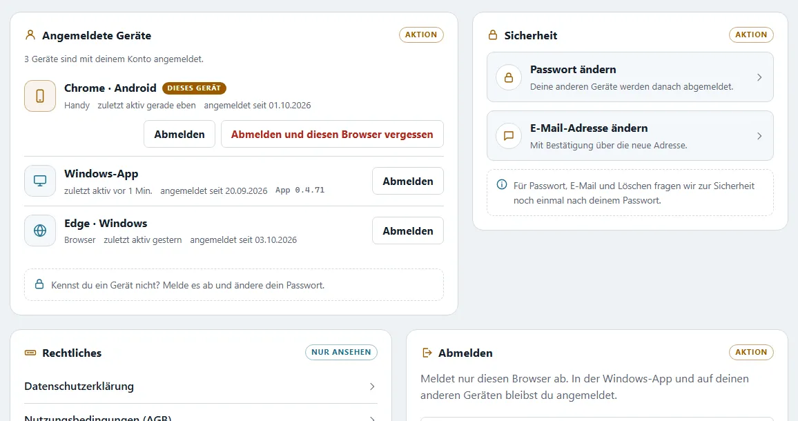 Konto & Geräte: angemeldete Geräte Handy (dieses Gerät), Windows-App und Browser, jeweils mit „zuletzt aktiv“