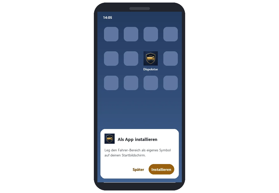Gezeichneter Startbildschirm eines Handys mit dem Dispolotse-Symbol und der Karte „Als App installieren“