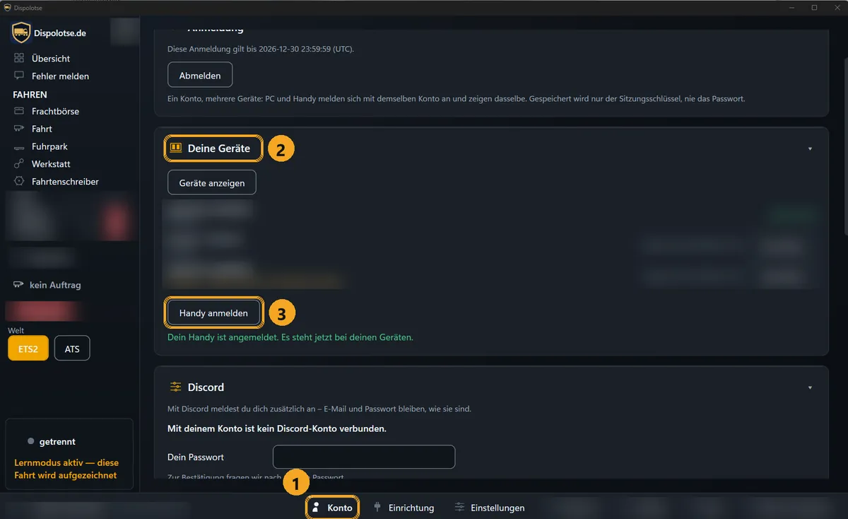 Screenshot of the Dispolotse app on the PC: ① “Account” in the bottom bar, ② the card “Your devices”, ③ the button “Sign in a phone”