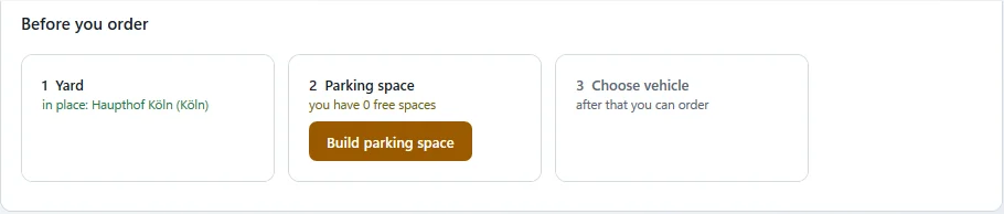 Card “Before you order”: 1 yard stands, 2 parking space missing with the button “Build parking space”, 3 choose a vehicle