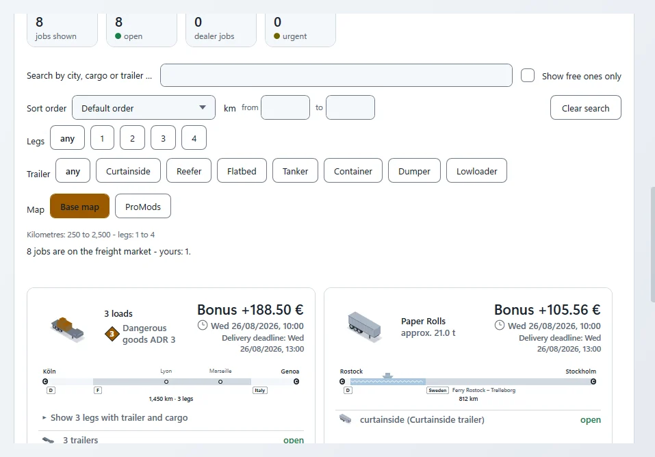 Freight market as a list: search, sorting and km filter on top, below it job cards with route, cargo, bonus and deadline