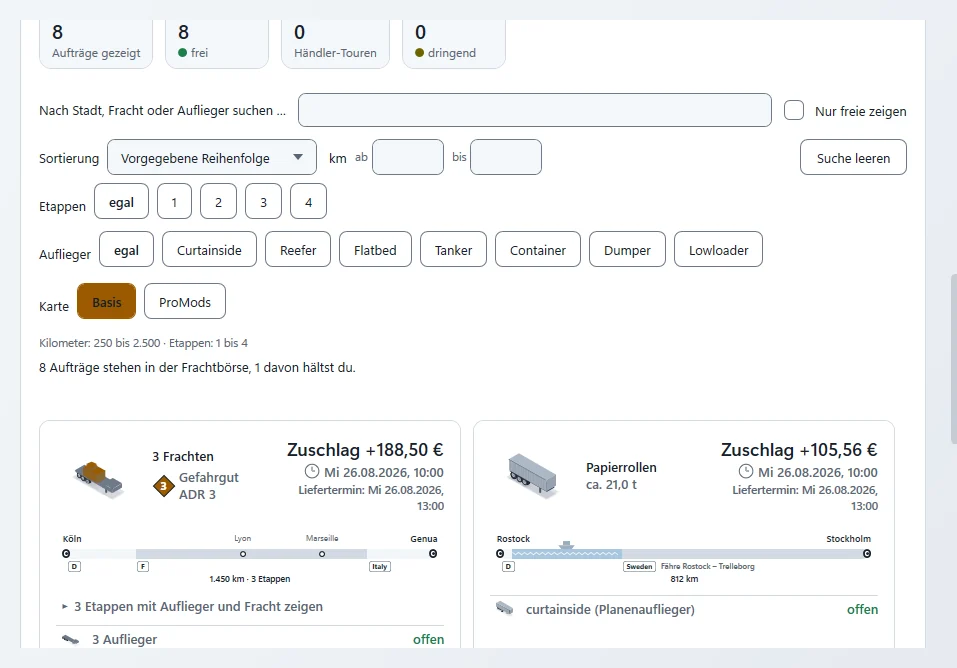 Frachtbörse als Liste: Suche, Sortierung und km-Filter oben, darunter Tourkarten mit Strecke, Fracht, Zuschlag und Liefertermin