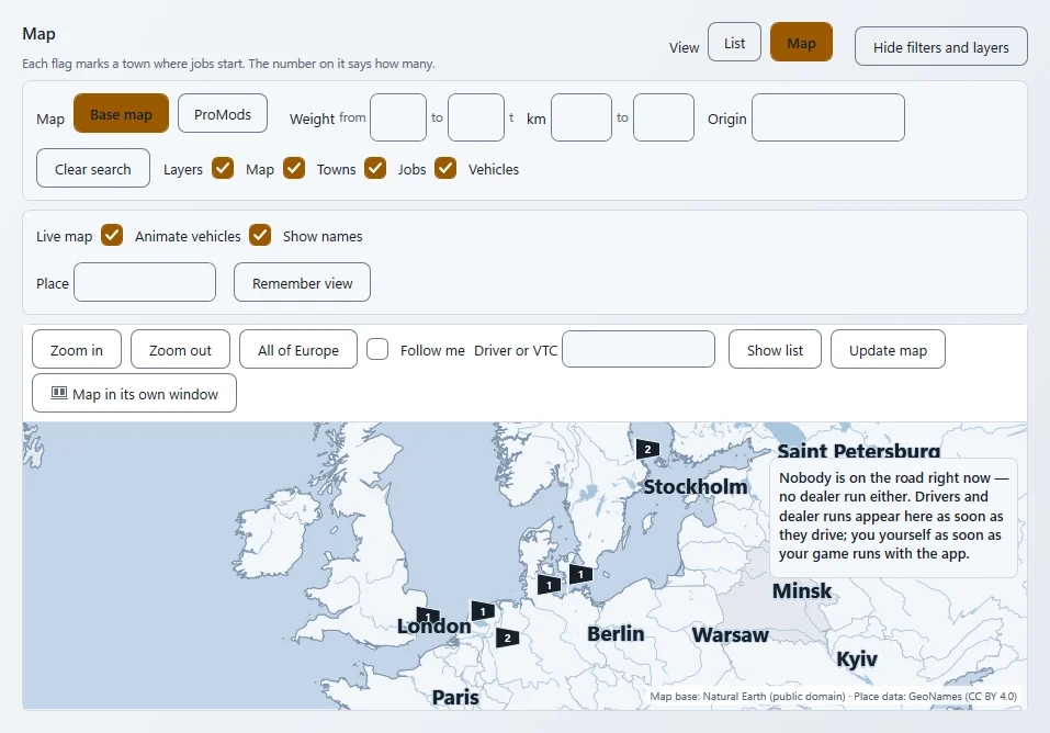 Freight market as a map: filters with weight and km, layers, below it the map with flags and the number of jobs per city
