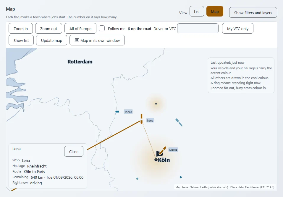 Live map around Cologne with several sample vehicles, one selected with company, route and arrival