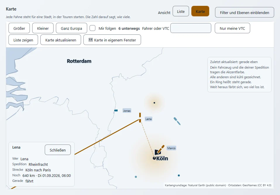 Live-Karte um Köln mit mehreren Beispiel-Fahrzeugen, eins angeklickt mit Spedition, Strecke und Ankunft