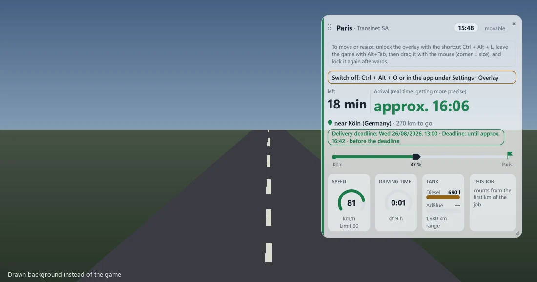Overlay at size “Normal” with sample values of a job, on a drawn background instead of a game picture