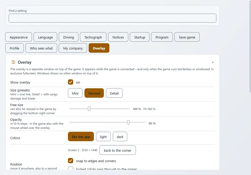 Settings › Overlay: show overlay on, presets Mini/Normal/Detail, size, opacity, colour and position