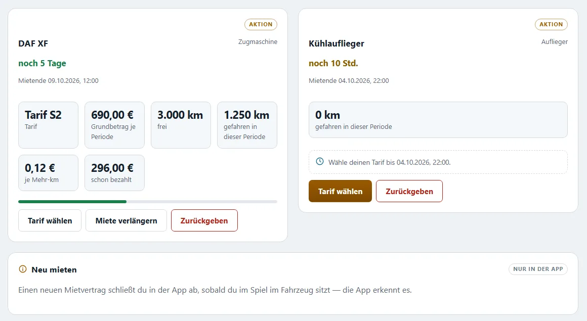 Die Seite „Miete" mit einem Miet-LKW im Tarif S2 und einem Miet-Auflieger, dessen Tarif noch zu wählen ist