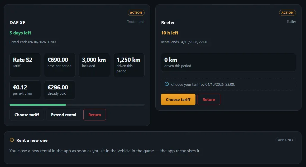 The rental page with a rented truck on rate S2 and a rented trailer whose rate still has to be chosen
