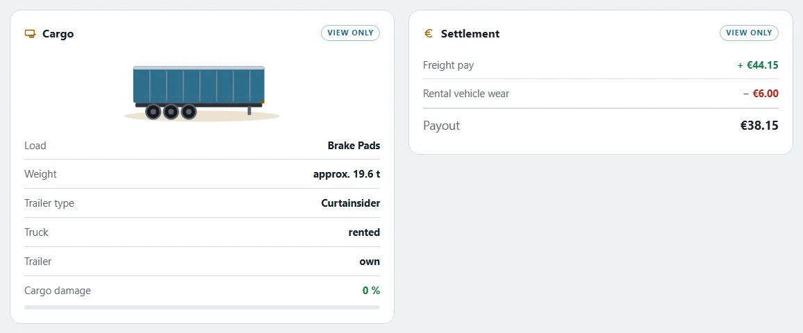 Job with a rented truck: cargo card and settlement with freight pay, the rental wear line and the payout