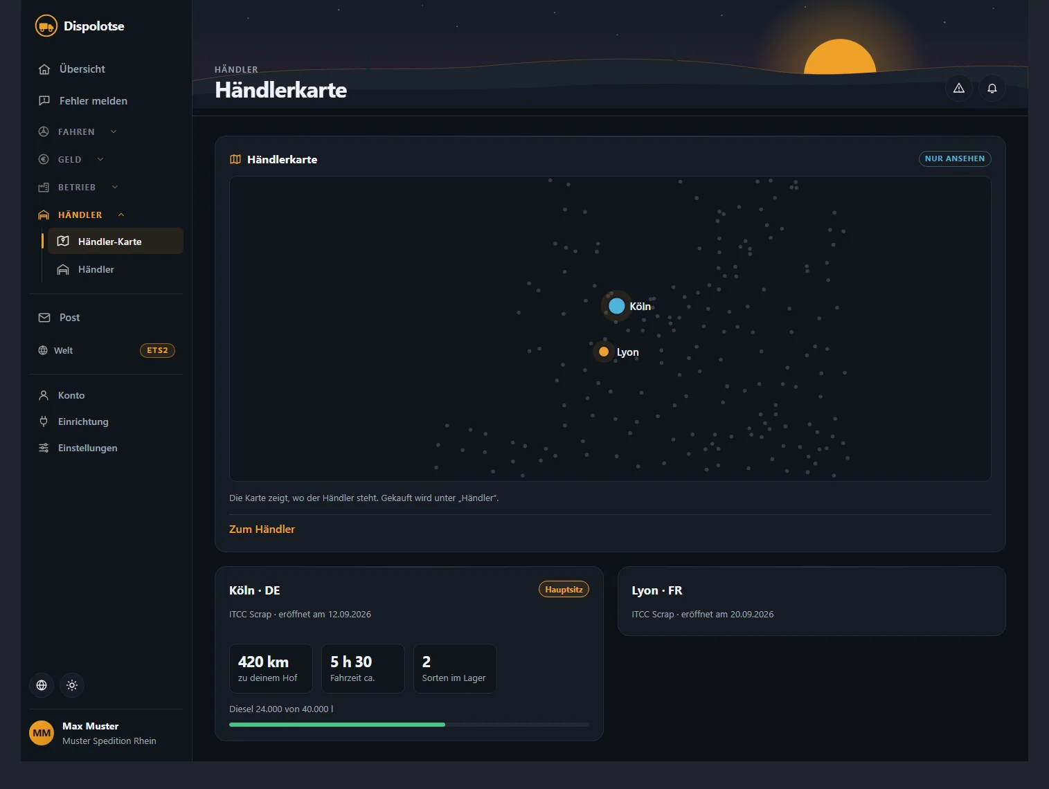 Die Händler-Karte in ETS2 (Web, dunkel)
