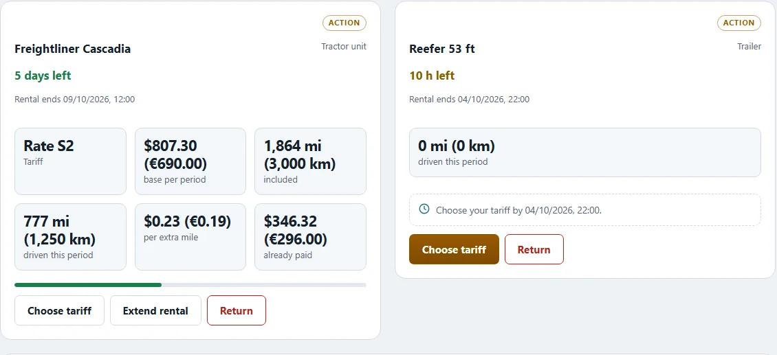 Rental in ATS: Freightliner Cascadia and reefer with dollar and euro amounts, miles and kilometres