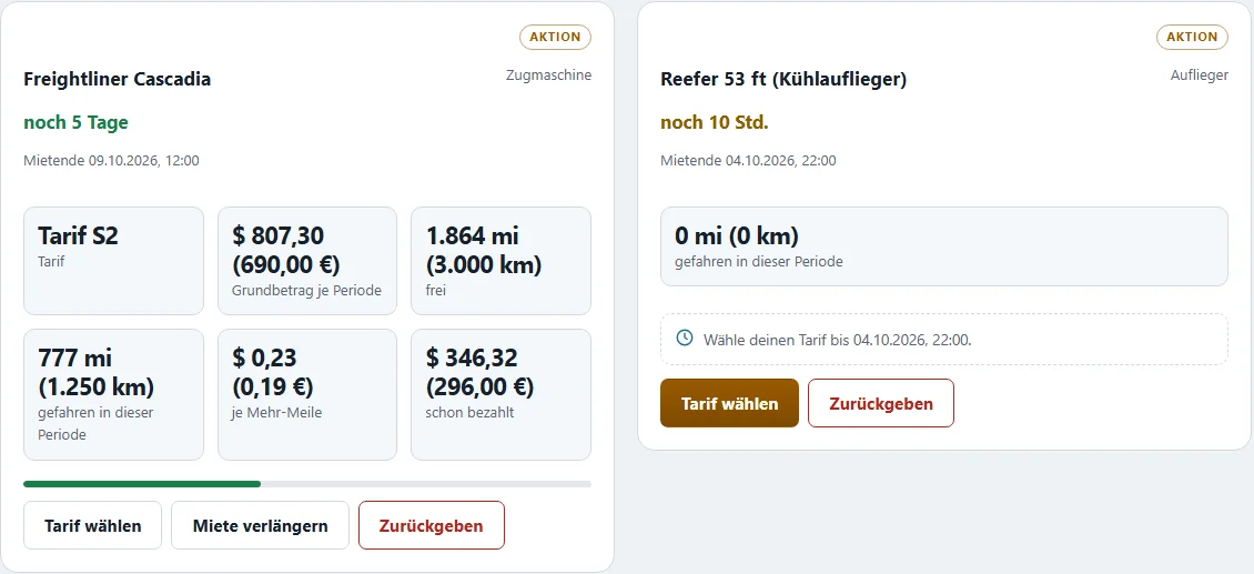 Miete in ATS: Freightliner Cascadia und Reefer mit Dollar- und Euro-Beträgen, Meilen und Kilometern