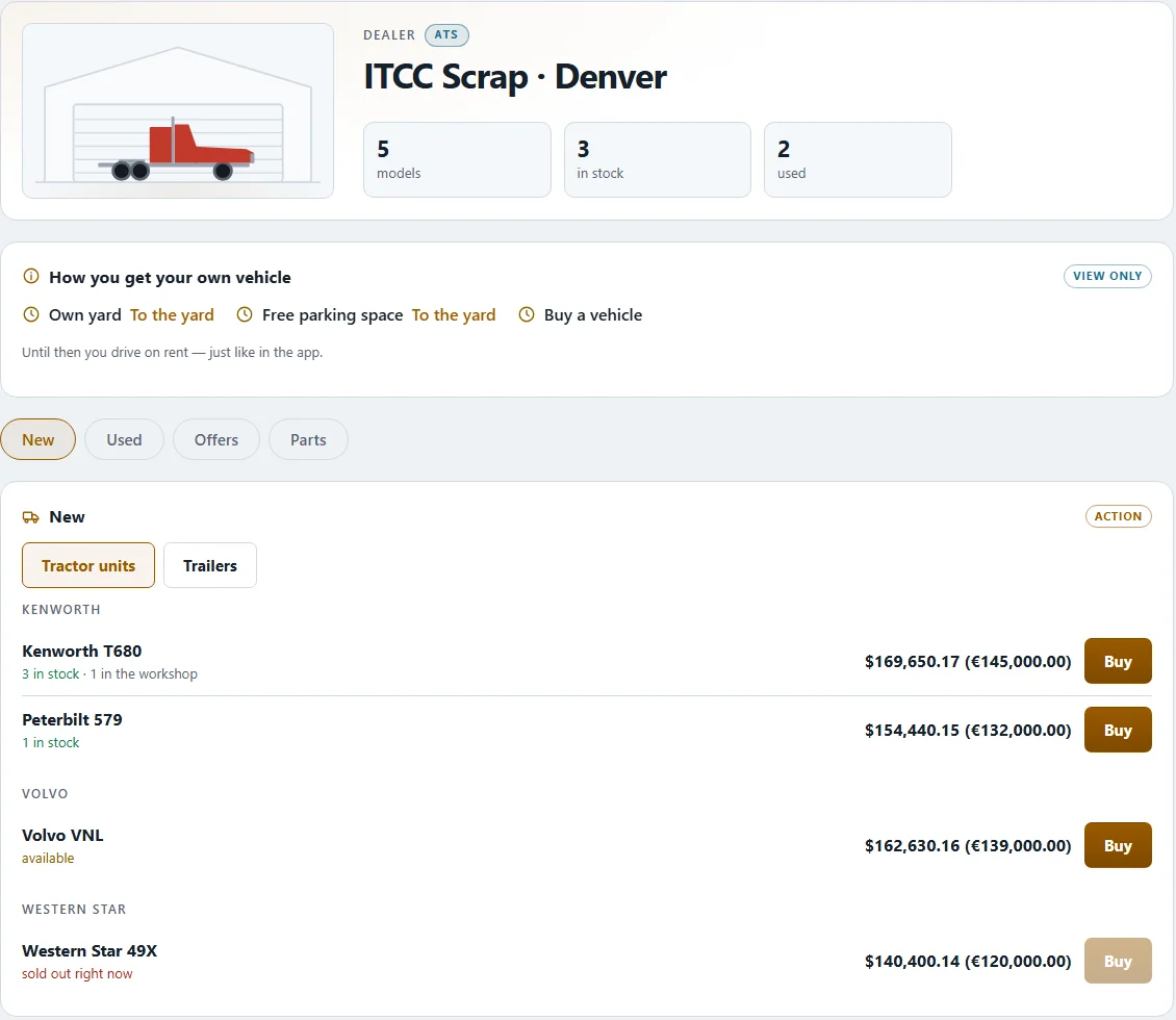 Dealer shop in ATS, Denver: American trucks with prices in dollars and euros