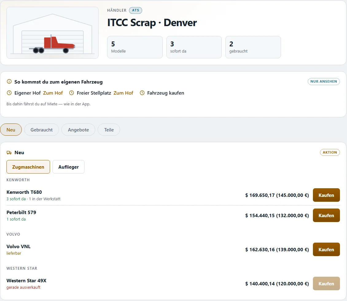 Händler-Laden in ATS, Standort Denver: amerikanische LKW mit Preisen in Dollar und Euro
