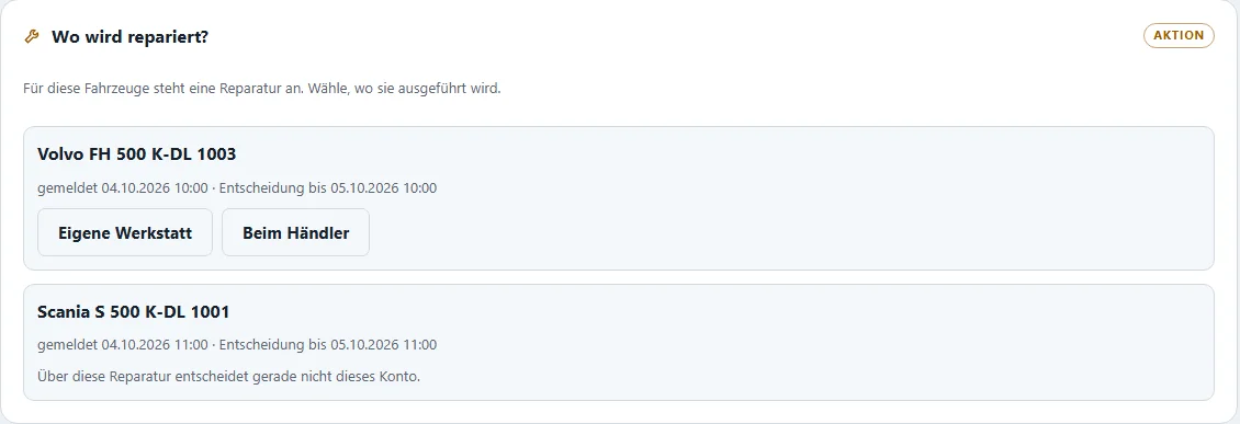 Karte „Wo wird repariert?“ mit den Knöpfen „Eigene Werkstatt“ und „Beim Händler“