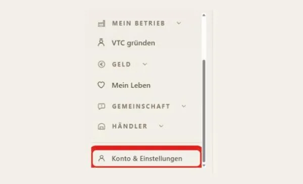 Das Menü links mit dem markierten Eintrag „Konto & Einstellungen“