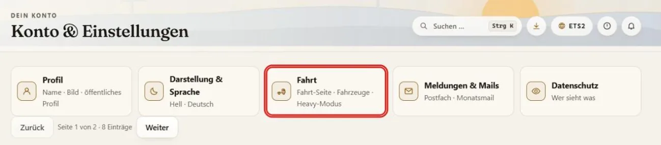 Die Kacheln von „Konto & Einstellungen“ mit der markierten Kachel „Fahrt“