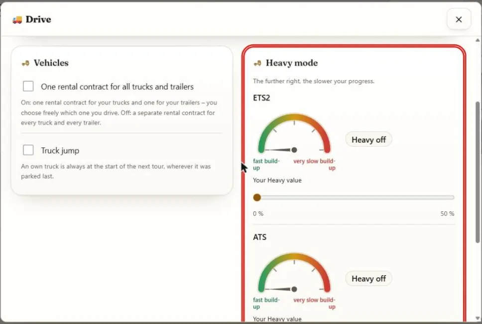 The "Drive" window with the card "Heavy mode" marked, one gauge and one slider per world