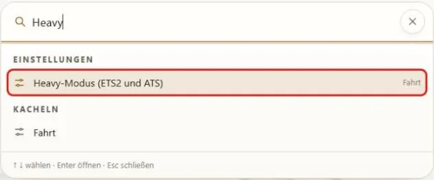 Die Suche mit dem Wort „Heavy“ und dem markierten Treffer „Heavy-Modus (ETS2 und ATS)“