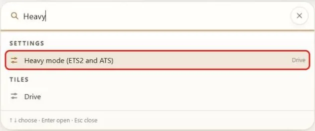 The search with the word "Heavy" and the hit "Heavy mode (ETS2 and ATS)" marked